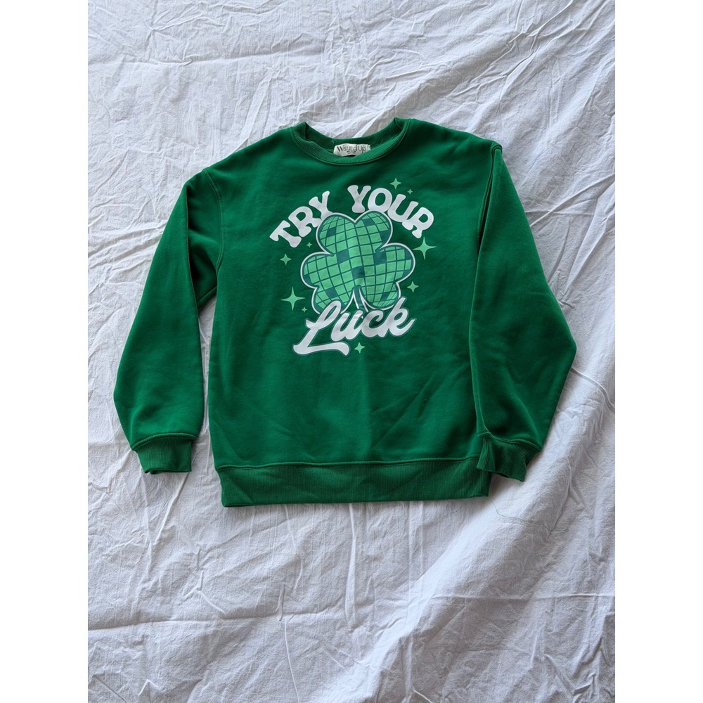 Wound Up Womens XXS Green Try Your Luck Shamrock Graphic Crewneck Sweatshirt‎